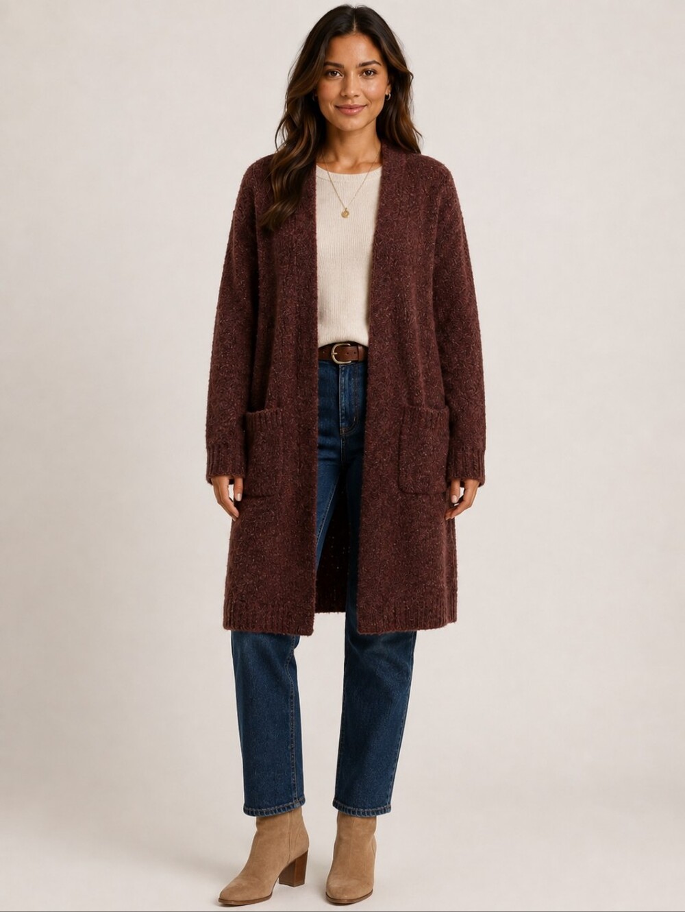 POL Oxblood Wool Blend Longline Open Front Cardigan With Pockets NWOT